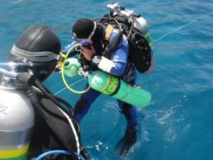 entering the water for 131m Dive in Aqaba