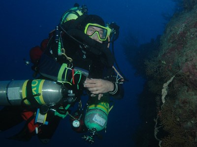 George at 100m on Neptune's wall Tec diver on wall