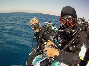 Technical divers on boat