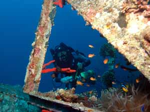 Rebreather diver in cave